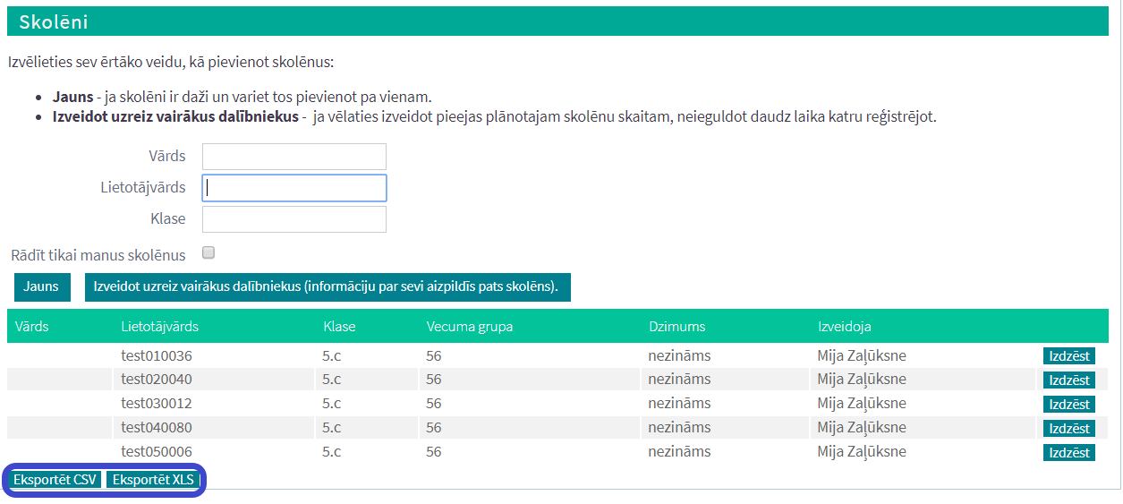 Eksportēt skolēnu sarakstu